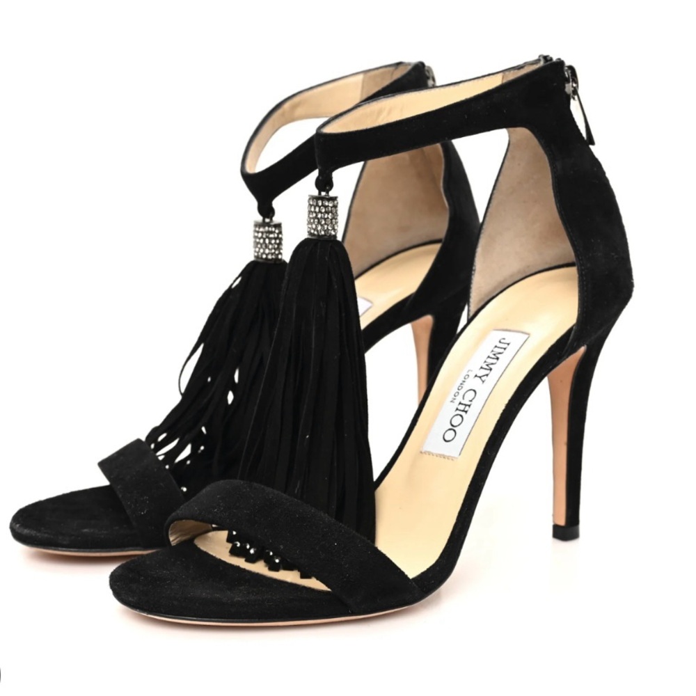 Jimmy Choo Viola Suede Fringe Rhinestone Sandal Heels - Picture 2 of 13
